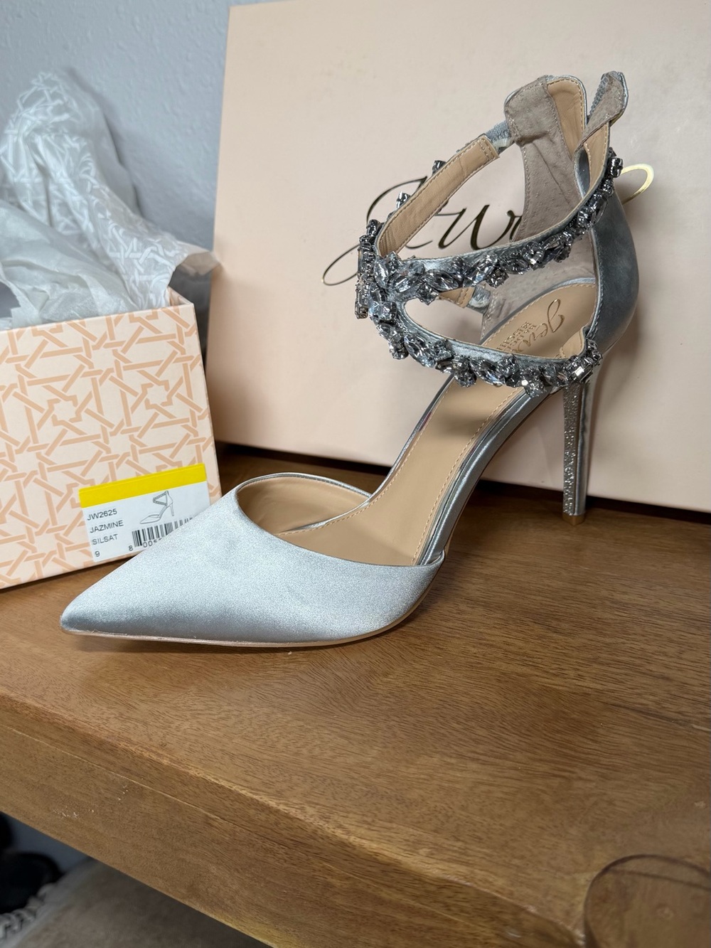 Jewel Badgley Mischka Silver Jeweled Ankle-Strap Pointed-Toe Stiletto